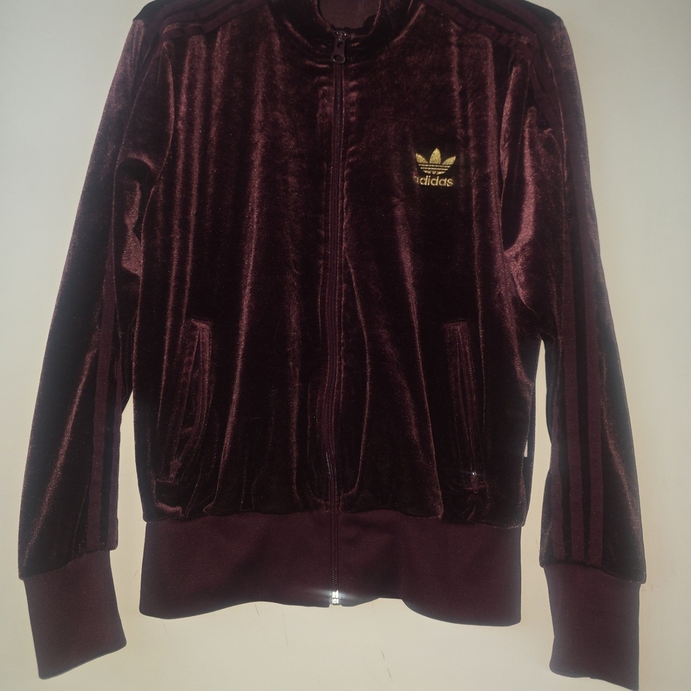 adidas Burgundy Velvet Track Jacket with Gold Trefoil
